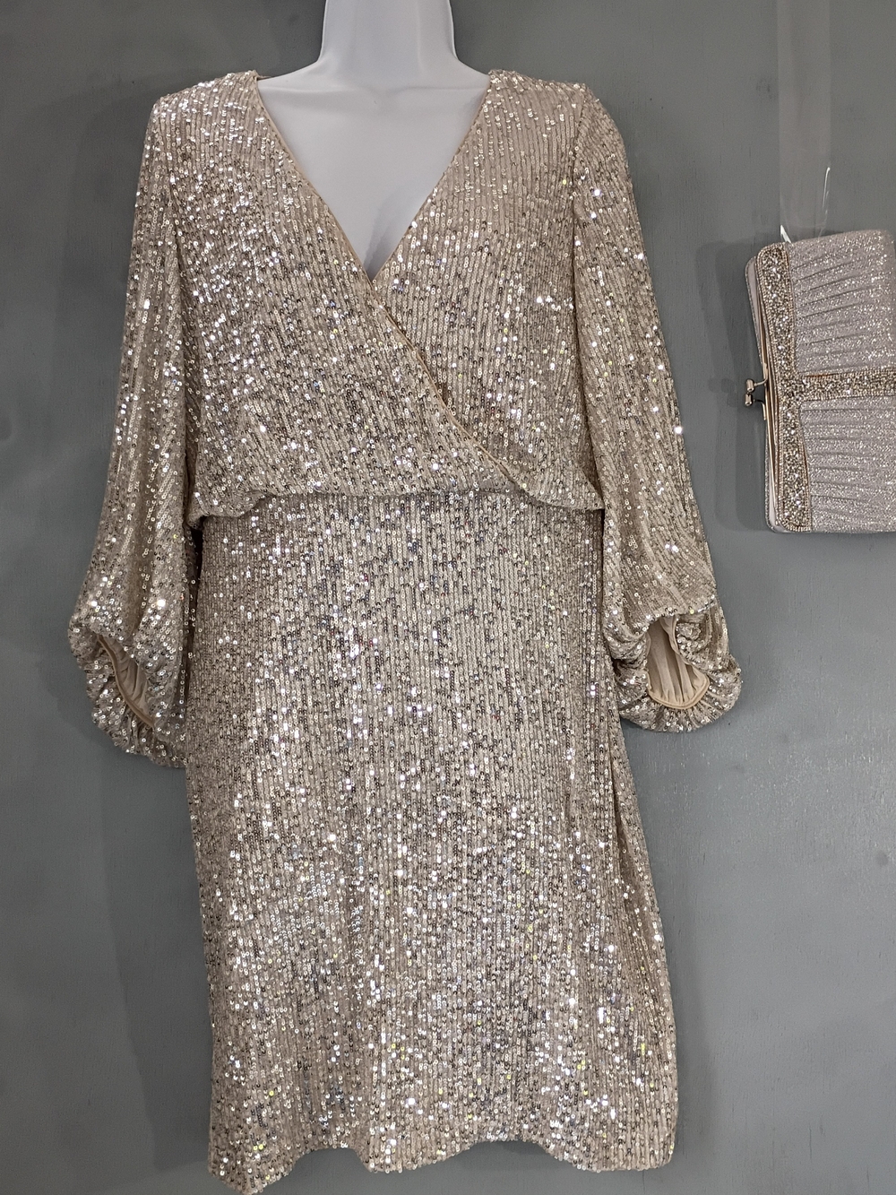 Eliza J Gold Sequin Long Sleeve Faux-Wrap Dress Matching Clutch